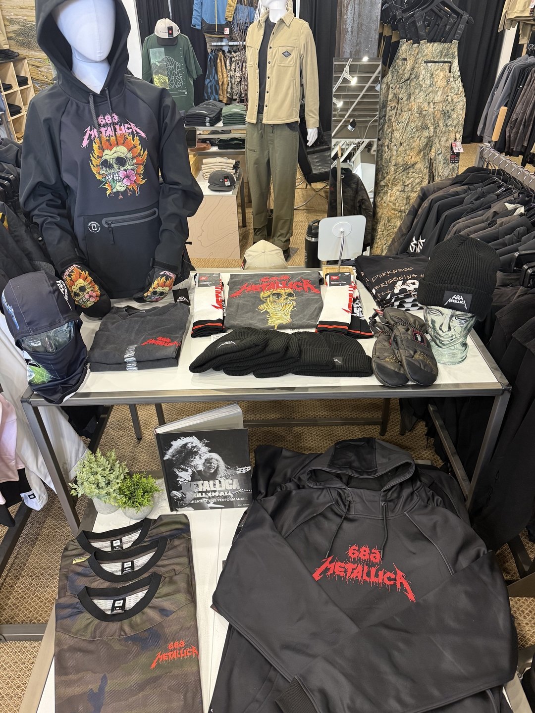 686 x Metallica hoodie and tees on display