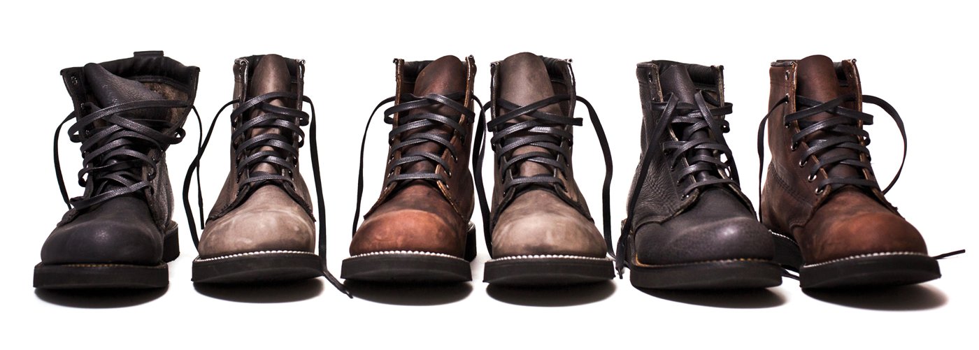 A lineup of Broken Homme boots