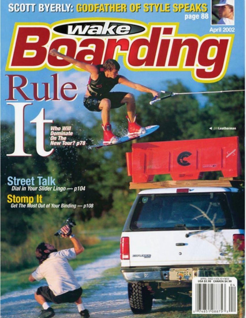 Jim Leatherman on the cover of WakeBoarding magazine, April 2002