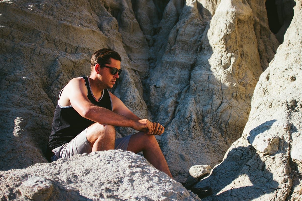 Matix lookbook, sitting on desert rocks, 2015